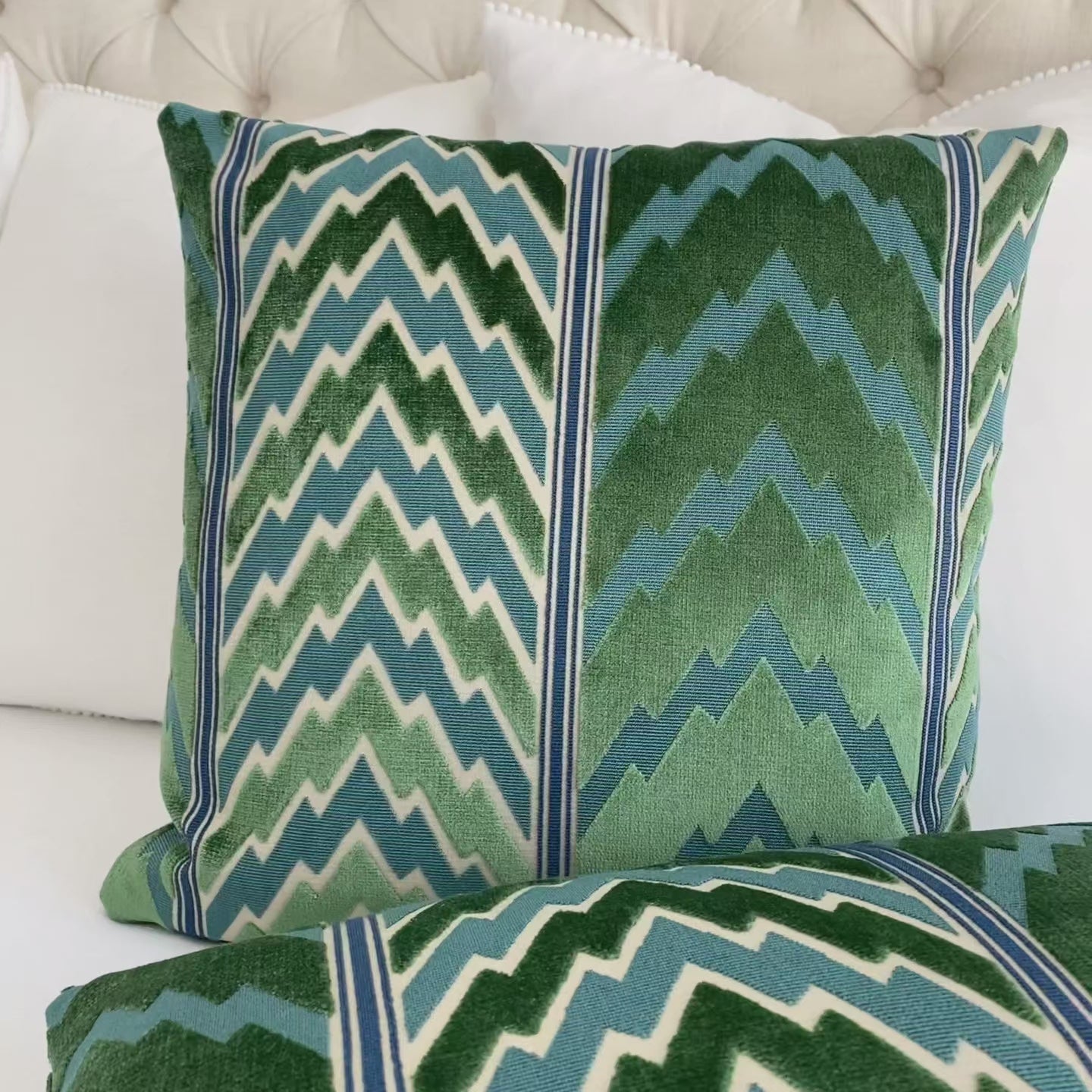Schumacher Florentine Emerald Green Velvet Flame Stitch Designer Luxury Decorative Throw Pillow Cover Product Video