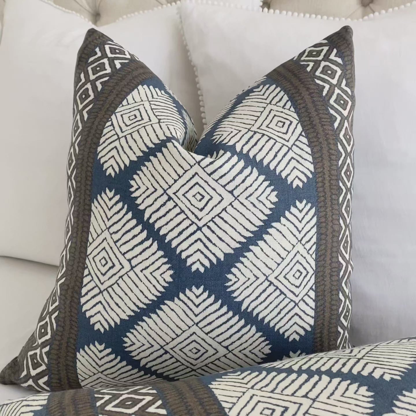 Thibaut Austin Brown and Navy Blue Block Print Designer Luxury Throw Pillow Cover Product Video