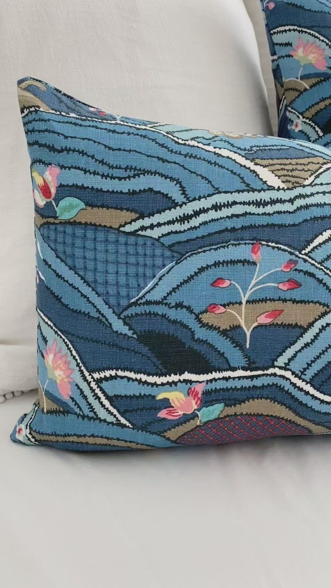 Schumacher Rolling Hills Blue Designer Throw Pillow Cover Product Video
