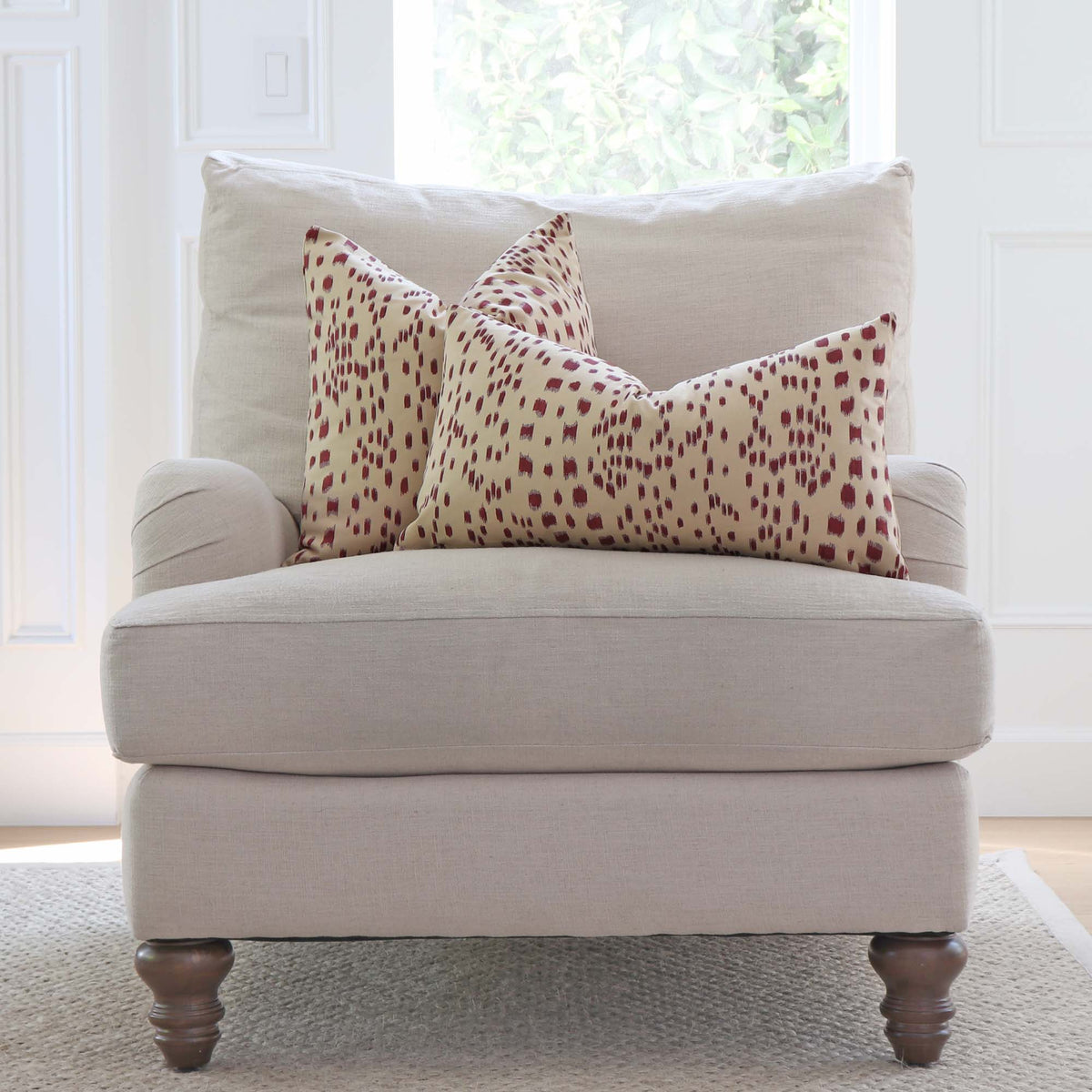 Brunschwig Fils Les Touches Bordeaux Red Designer Luxury Throw Pillow Cover on Accent Chair in Living Room