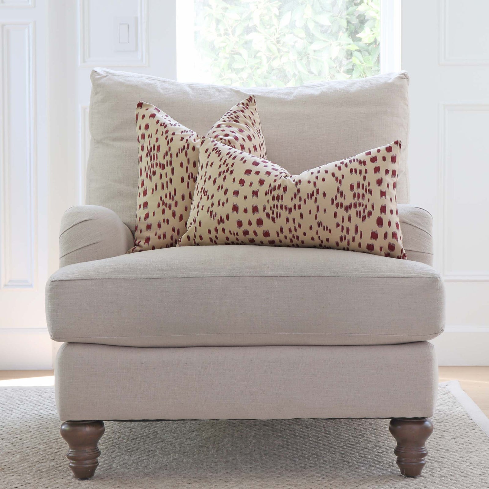 Brunschwig Fils Les Touches Bordeaux Red Designer Luxury Throw Pillow Cover on Accent Chair in Living Room