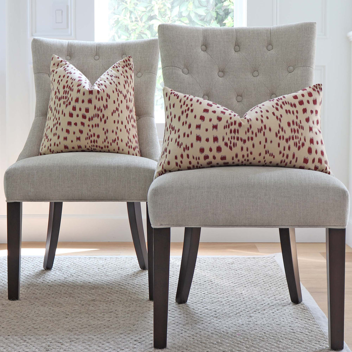 Brunschwig Fils Les Touches Bordeaux Red Designer Luxury Throw Pillow Cover on Dining Chairs in Living Room