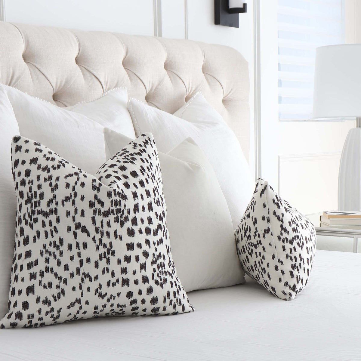 Brunschwig Fils Les Touches Embroidered Espresso Black Luxury Designer Throw Pillow Cover in Bedroom