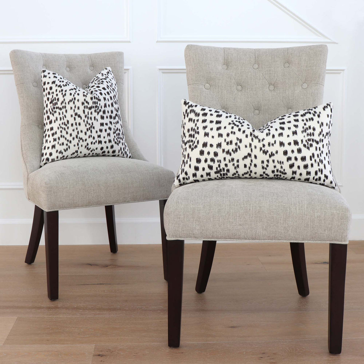 Brunschwig Fils Les Touches Embroidered Espresso Black Luxury Designer Throw Pillow Cover on Chairs in Living Room