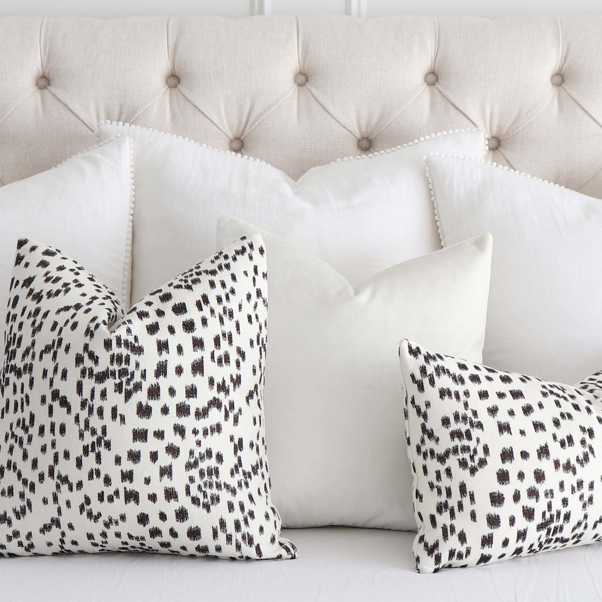 Brunschwig Fils Les Touches Embroidered Espresso Black Luxury Designer Throw Pillow Cover with Matching White Velvet Pillow