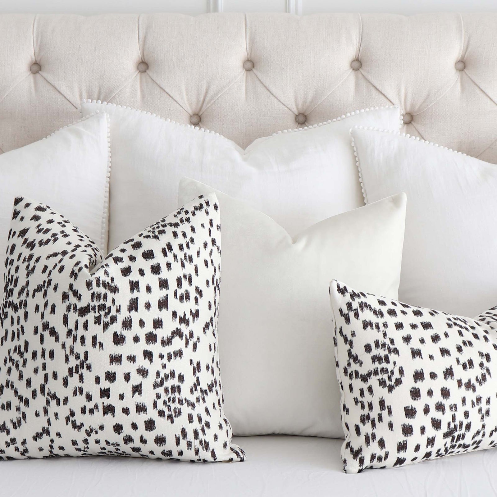 Brunschwig Fils Les Touches Embroidered Espresso Black Luxury Designer Throw Pillow Cover with Matching White Velvet Pillow