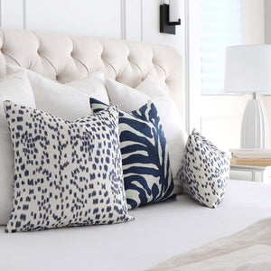 Brunschwig Fils Les Touches Embroidered Indigo Blue Luxury Designer Throw Pillow Cover in Bedroom