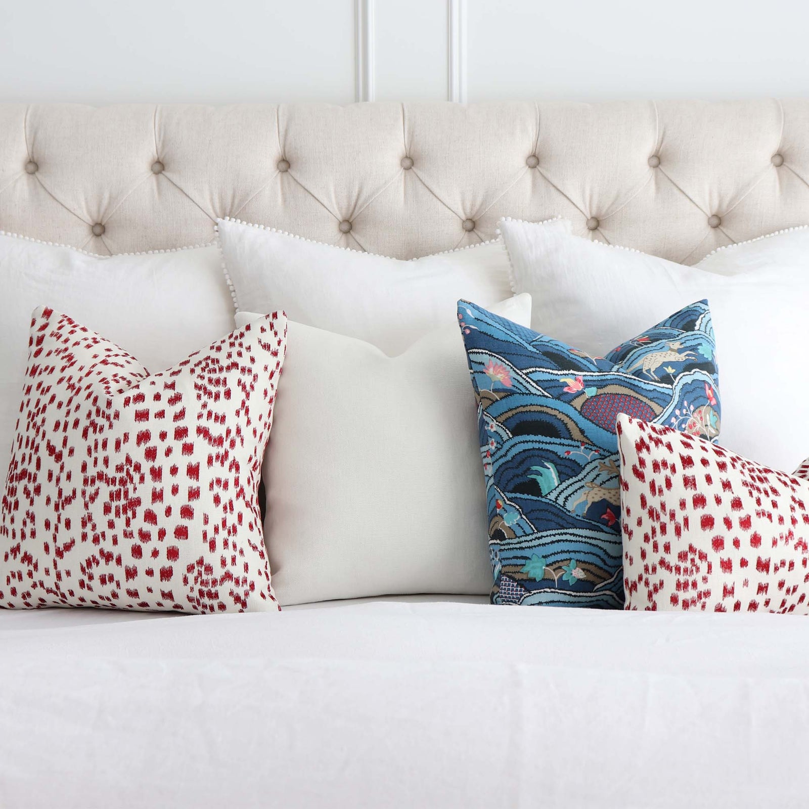 Brunschwig Fils Les Touches Embroidered Poppy Red Luxury Designer Throw Pillow Cover with Matching Throw Pillows