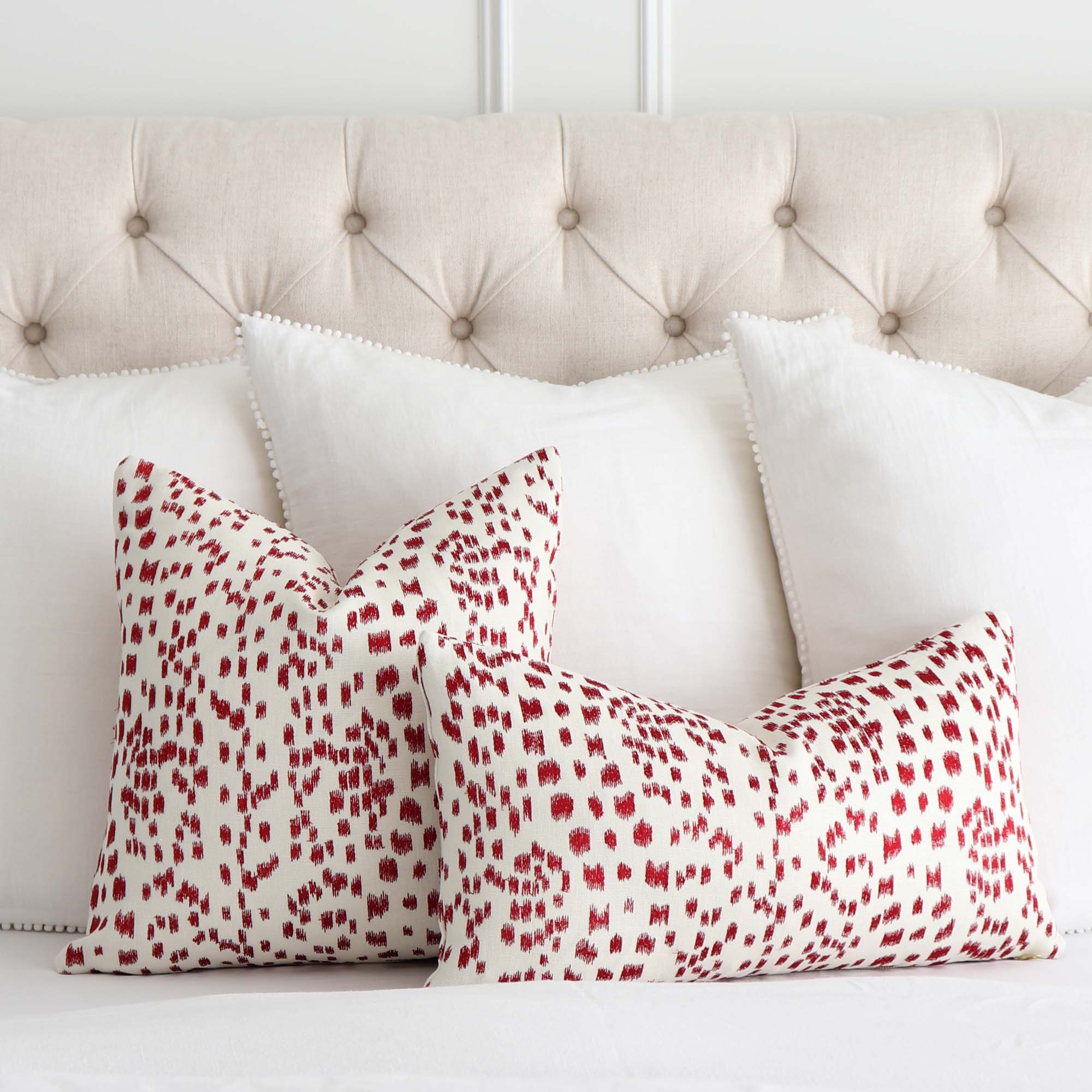 Brunschwig Fils Les Touches Embroidered Poppy Red Luxury Designer Throw Pillow Cover with White Linen Euro Pom Pom Pillows