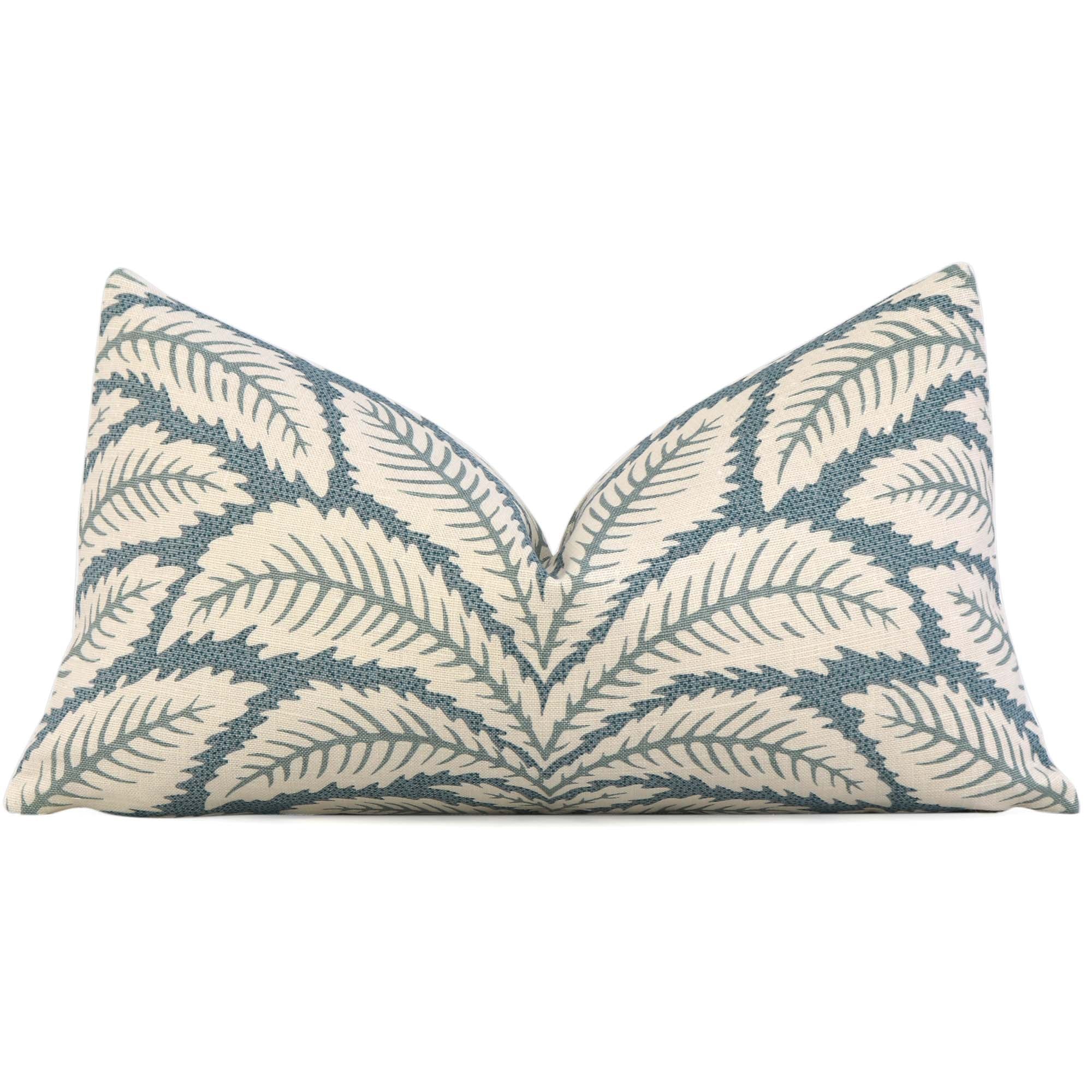 Brunschwig Fils Talavera Aqua Blue Palm Leaf Luxury Designer Lumbar Throw Pillow Cover