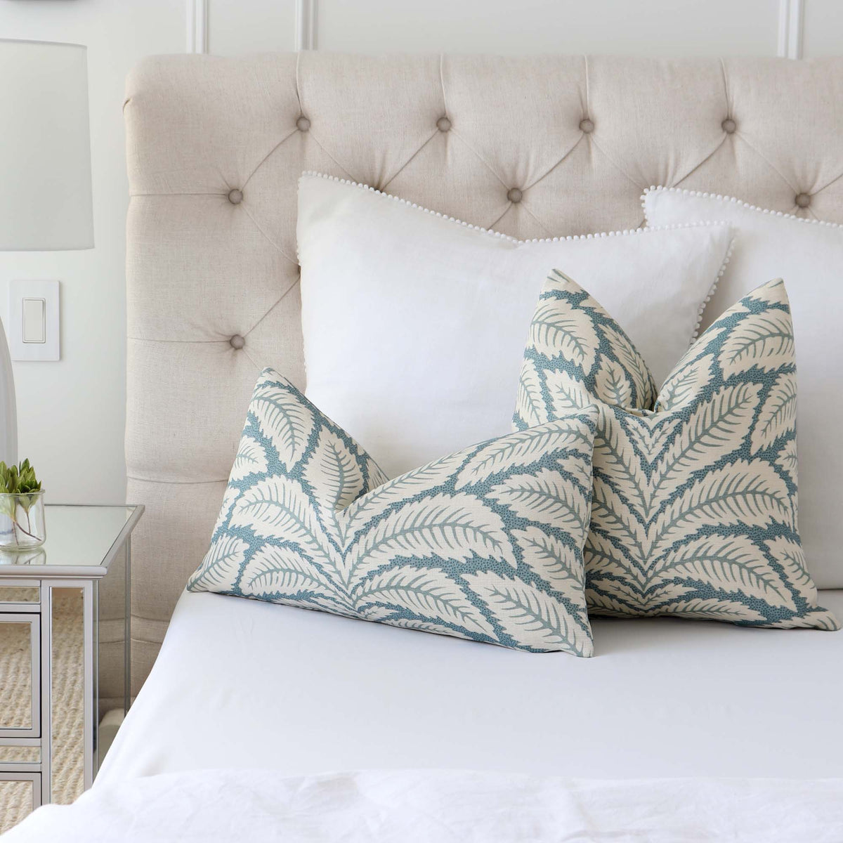 Brunschwig Fils Talavera Aqua Blue Palm Leaf Luxury Designer Throw Pillow Cover with Large White Euro Shams