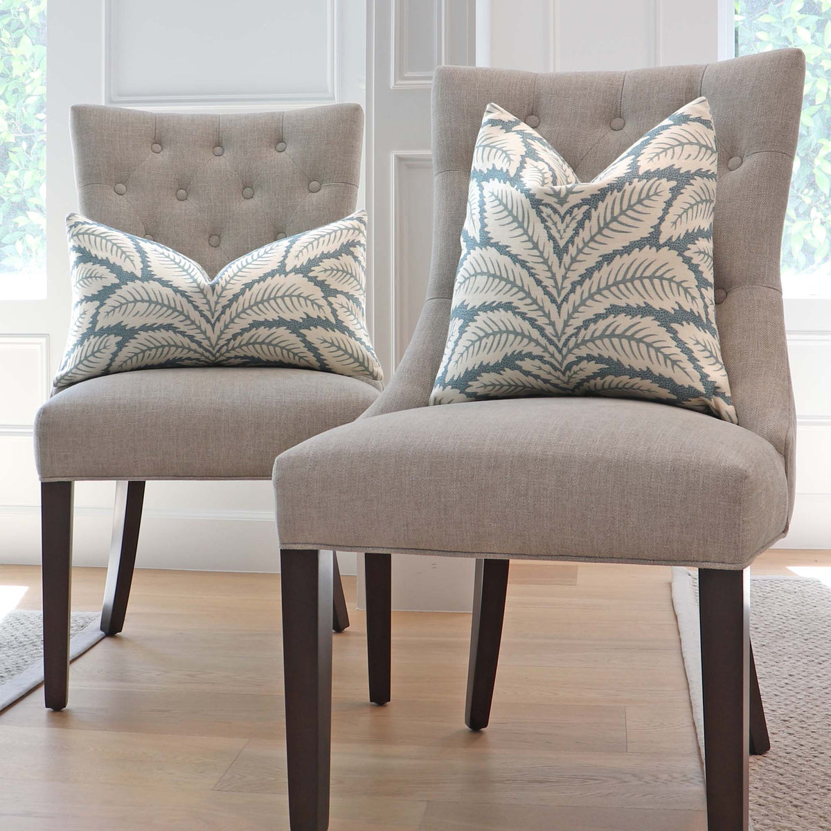 Brunschwig Fils Talavera Aqua Blue Palm Leaf Luxury Designer Throw Pillow Cover on Dining Armless Chairs