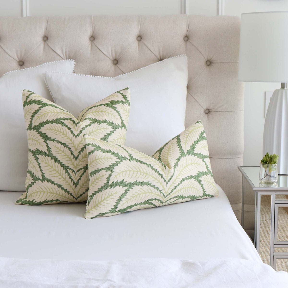 Brunschwig Fils Talavera Leaf Green Palm Designer Throw Pillow Cover on Bed with White Euro Shams