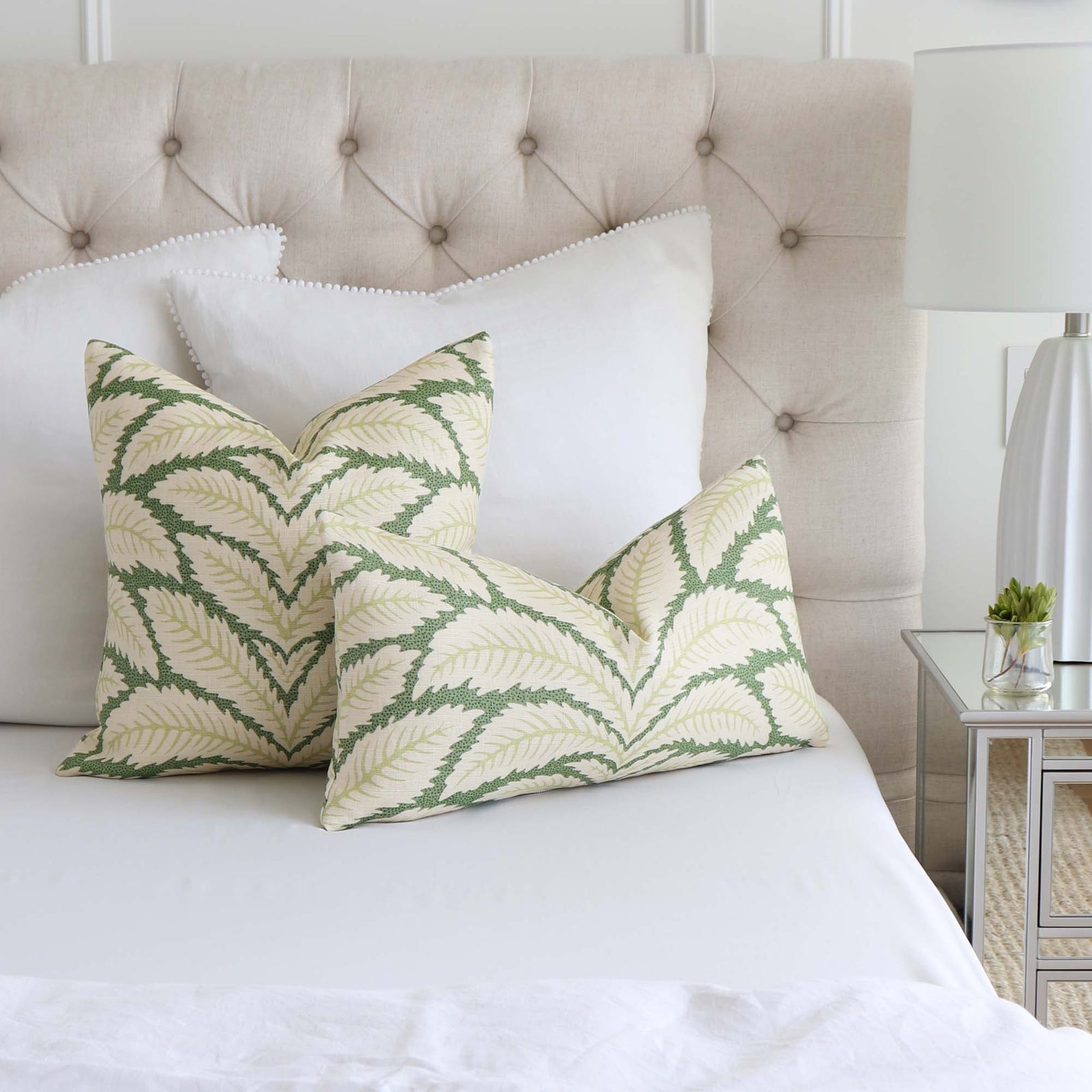 Brunschwig Fils Talavera Leaf Green Palm Designer Throw Pillow Cover on Bed with White Euro Shams