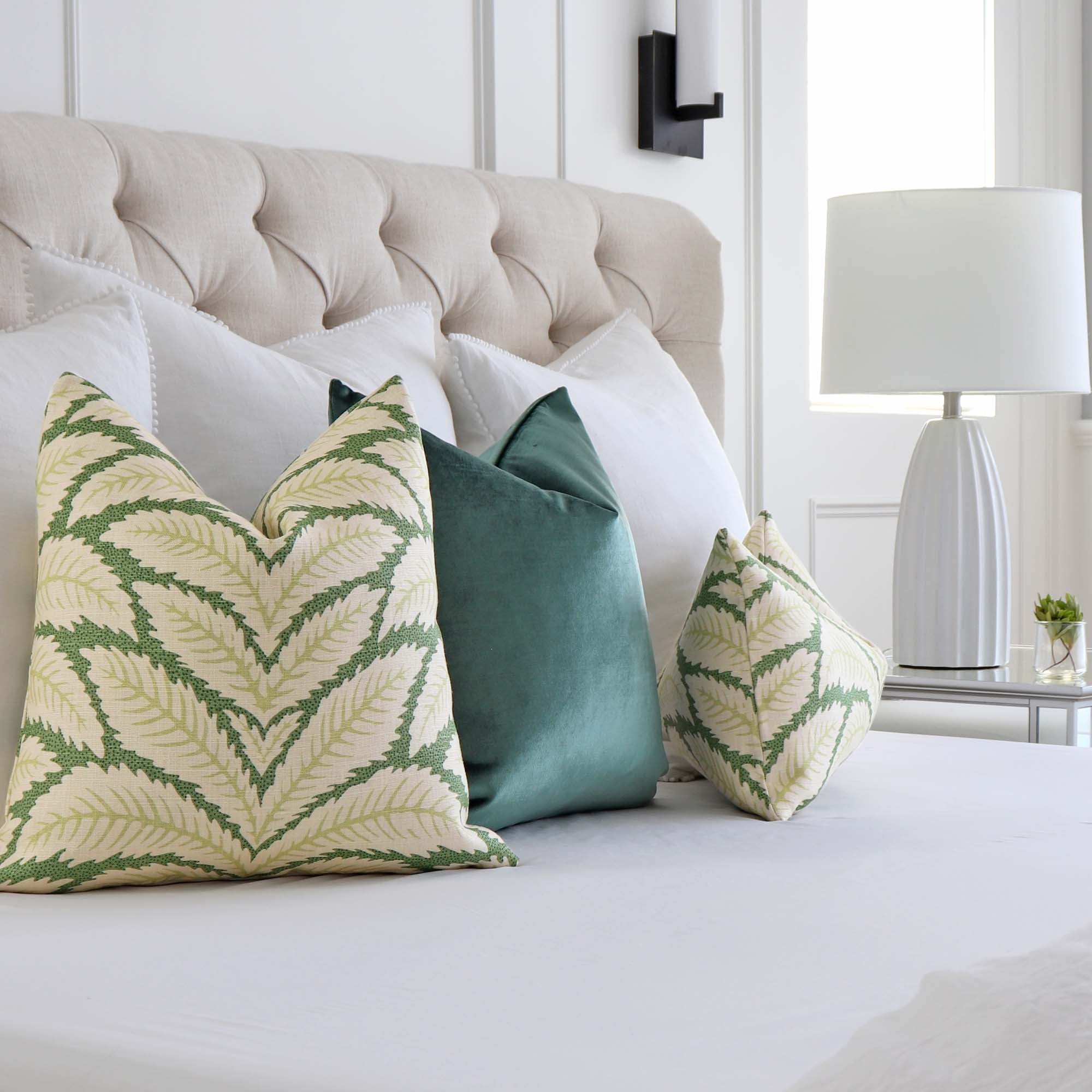 Brunschwig Fils Talavera Leaf Green Palm Designer Throw Pillow Cover in Bedroom