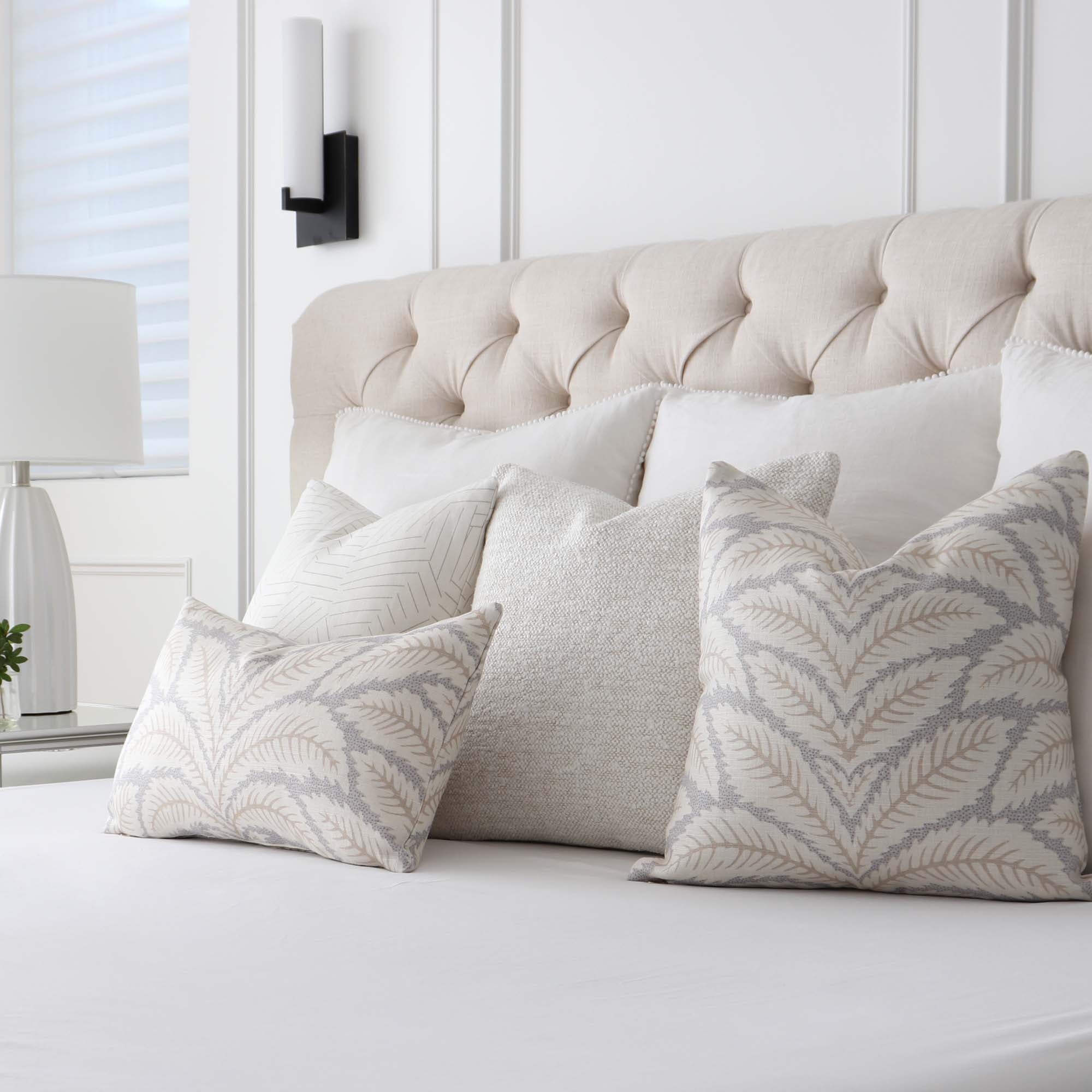 Brunschwig Fils Talavera Linen Birch Palm Designer Luxury Decorative Throw Pillow Cover in Bedroom with Matching Pillows