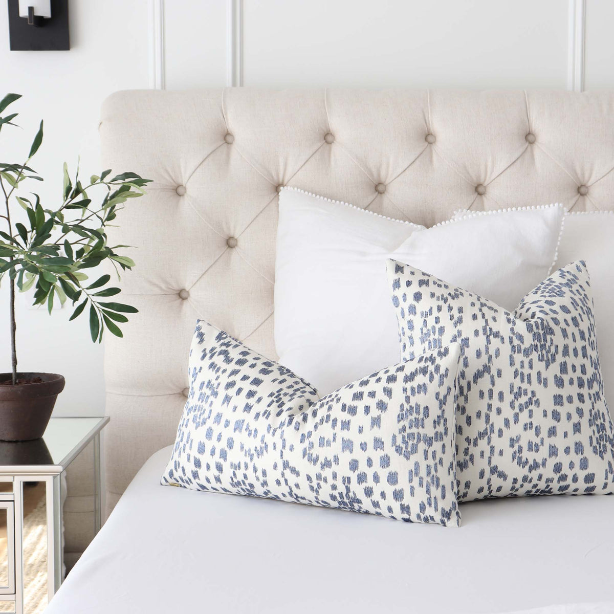 Brunschwig + Fils Les Touches Embroidered Canton Blue Designer Luxury Throw Pillow Cover on Bed