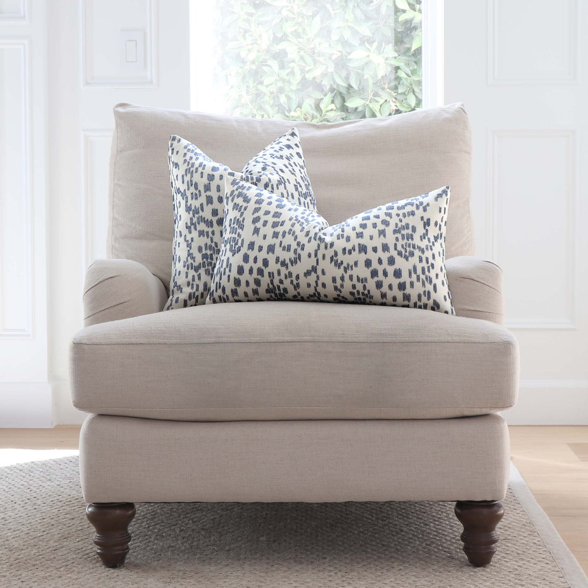 Brunschwig + Fils Les Touches Embroidered Canton Blue Designer Luxury Throw Pillow Cover on Accent Chair