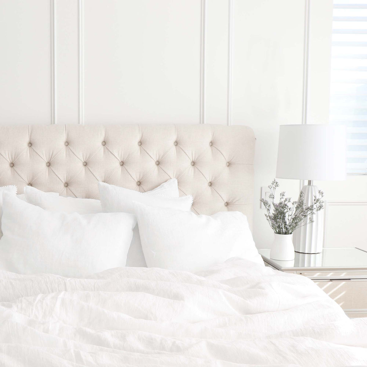 European White Linen OEKO-TEX Bedding on King Bed