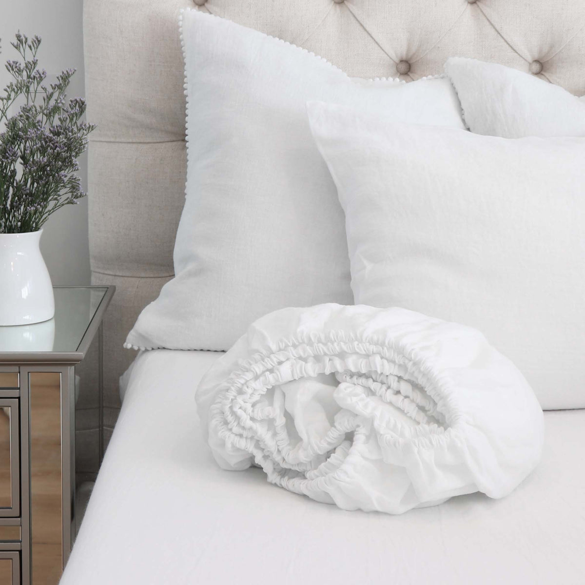 Fitted Bedding Sheet European White Linen OEKO-TEX for King or Queen Bed  Edit alt text