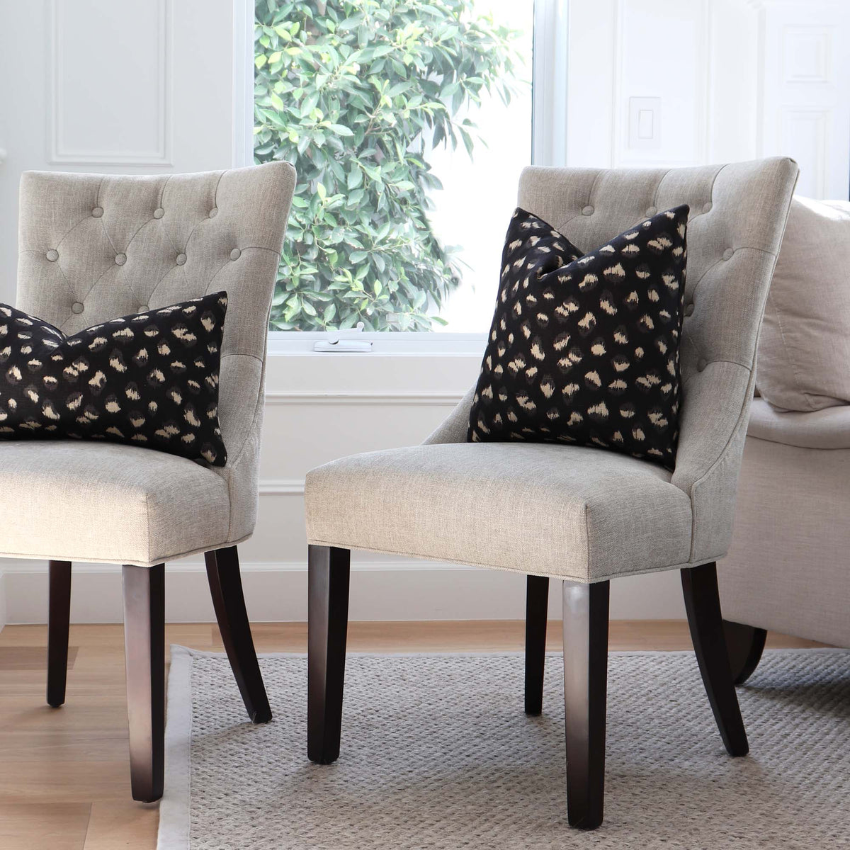 Kelly Wearstler Feline Cheetah Ebony Beige Designer Throw Pillow Cover in Living Room