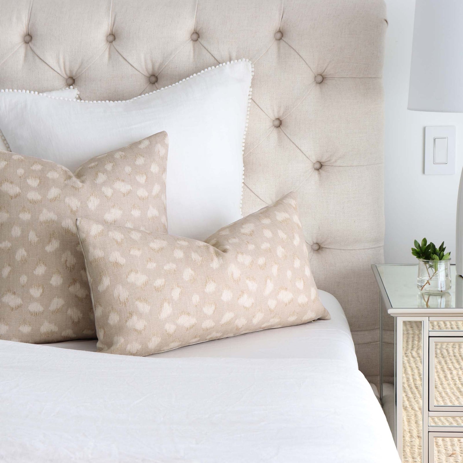 Kelly Wearstler Feline Cheetah Beige Designer Decorative Throw Pillow Cover in Bedroom