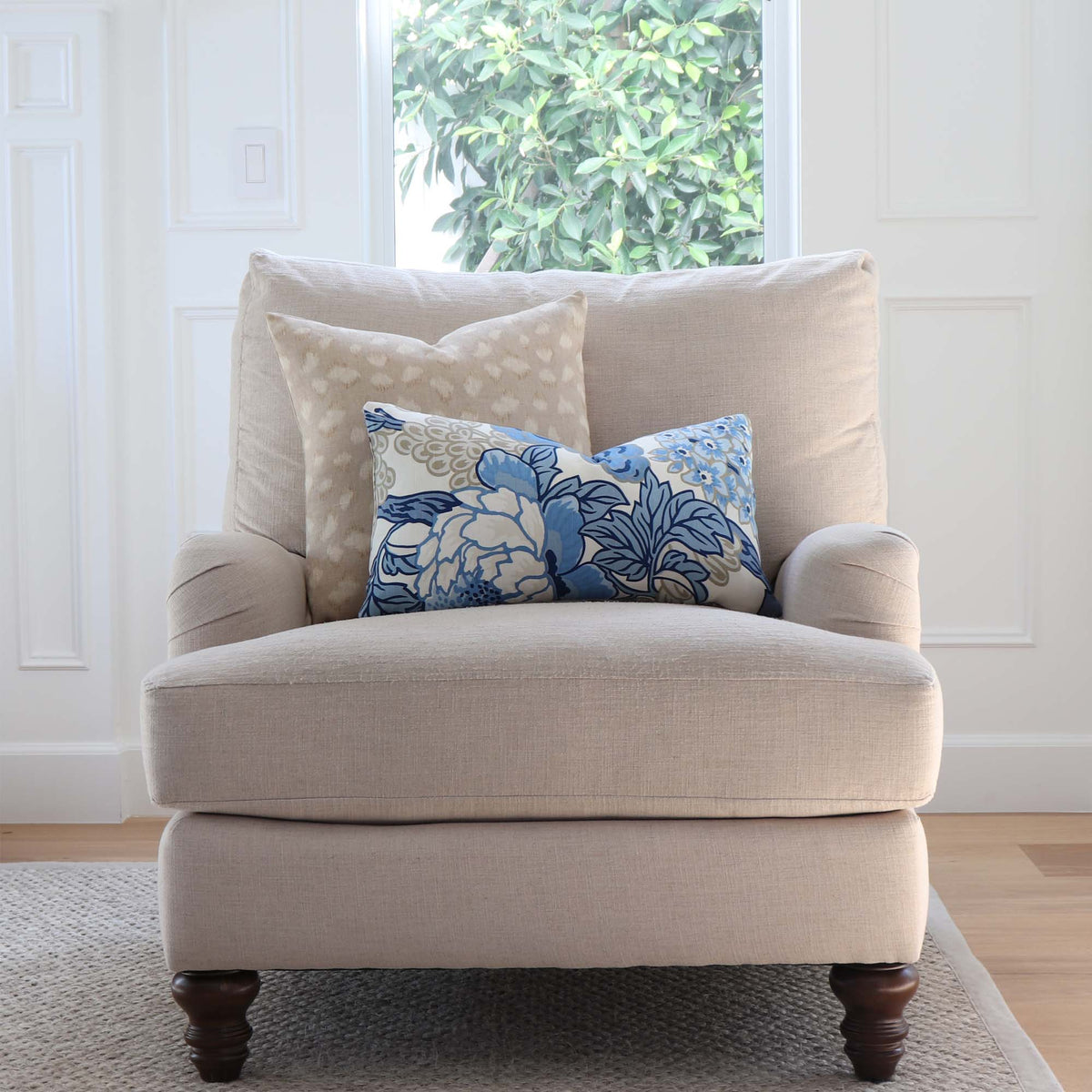 Kelly Wearstler Feline Cheetah Beige Designer Decorative Throw Pillow Cover on Arm Chair