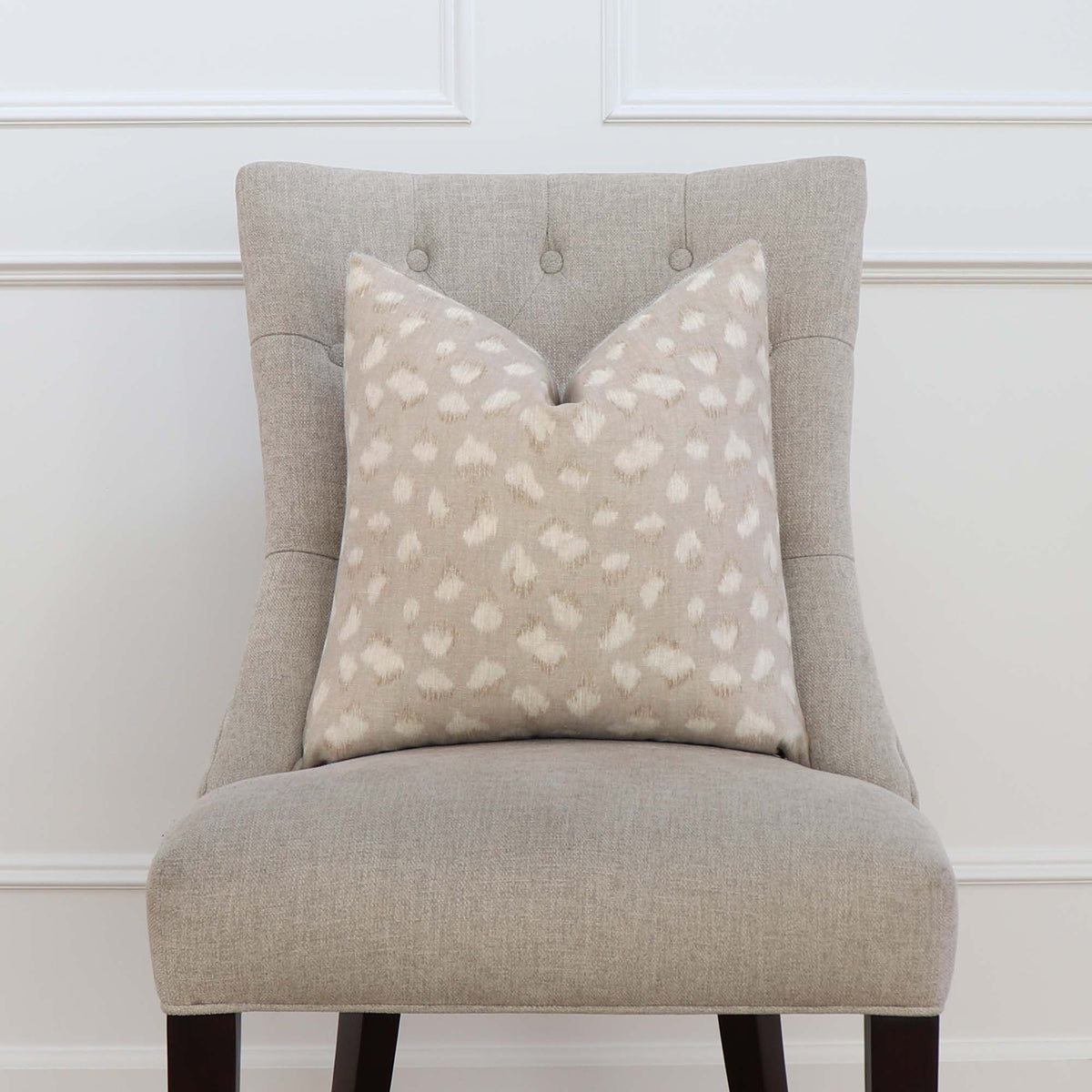 Kelly Wearstler Feline Cheetah Beige Designer Decorative Throw Pillow Cover on Chair in Home