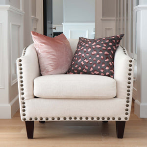 Kelly Wearstler Feline Cheetah Graphite Rose Pink Designer Throw Pillow Cover on Accent Chair