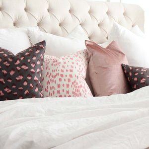 Kelly Wearstler Feline Cheetah Graphite Rose Pink Designer Throw Pillow Cover on King Queen Bed
