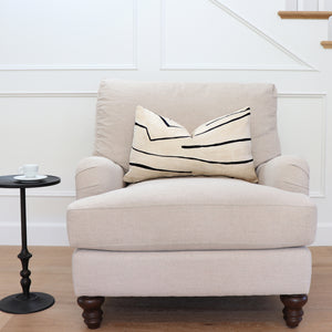 Kelly Wearstler Graffito Linen Onyx Designer Lumbar Throw Pillow on Accent Chair