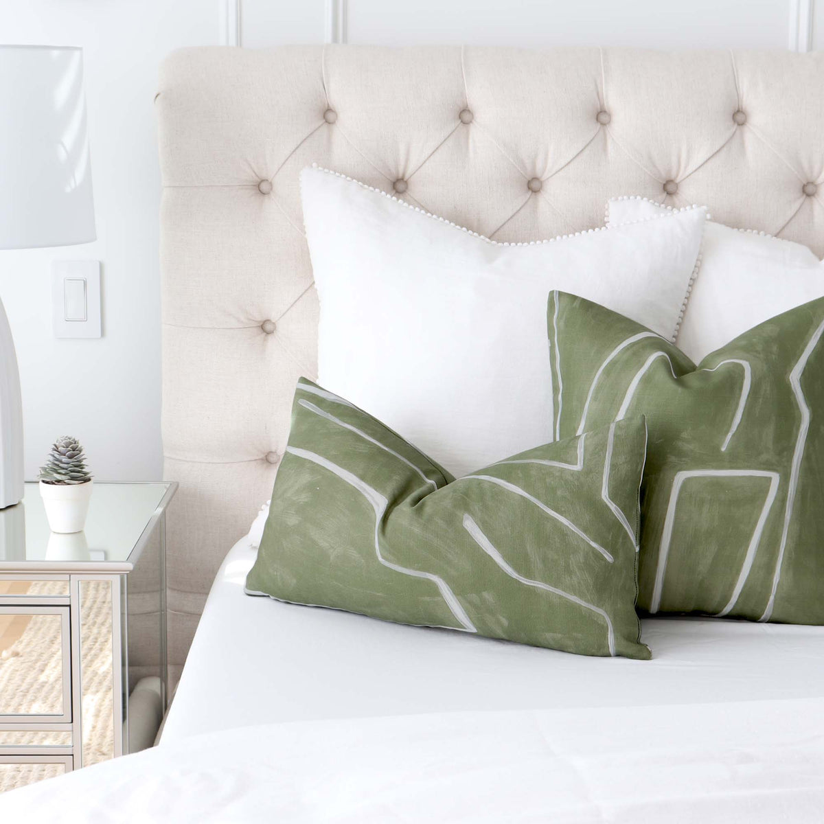 Kelly Wearstler Graffito Fern Green Designer Throw Pillow Cover in Bedroom on King Size Bed