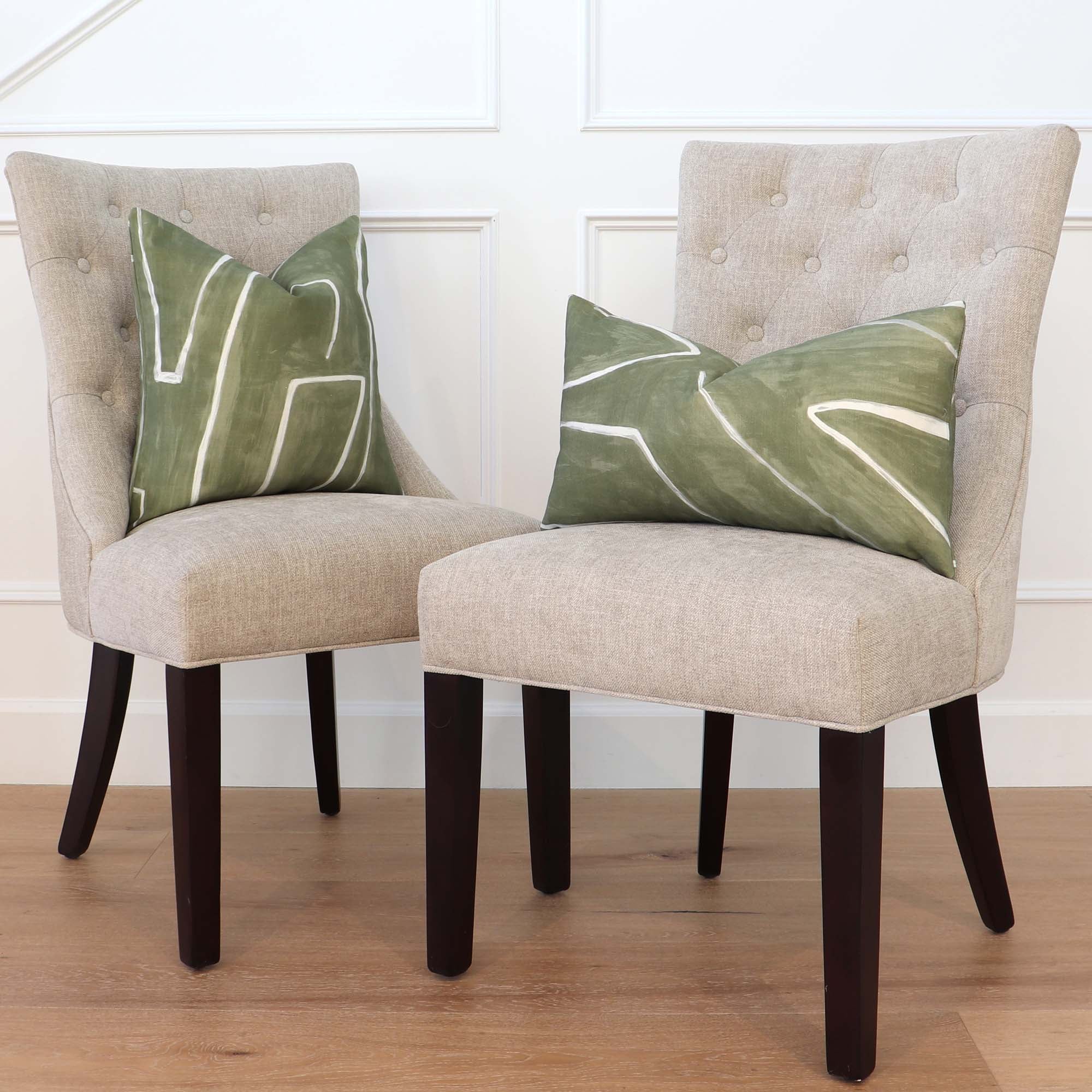 Kelly Wearstler Graffito Fern Green Designer Throw Pillow Cover on Accent Chairs