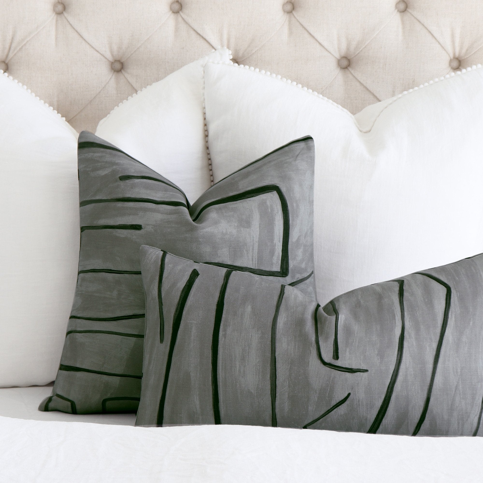 Kelly Wearstler Graffito Graphite Gray Throw Pillow Cover in Bedroom