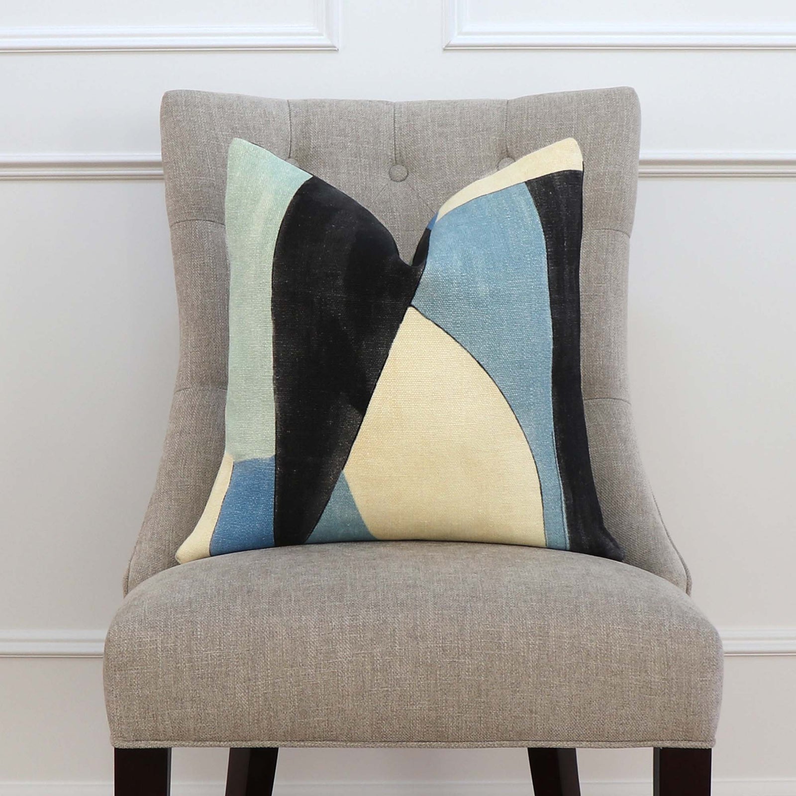 Kelly Wearstler District Cobalt Geometric Designer Square Throw Pillow Cover on Accent Chair