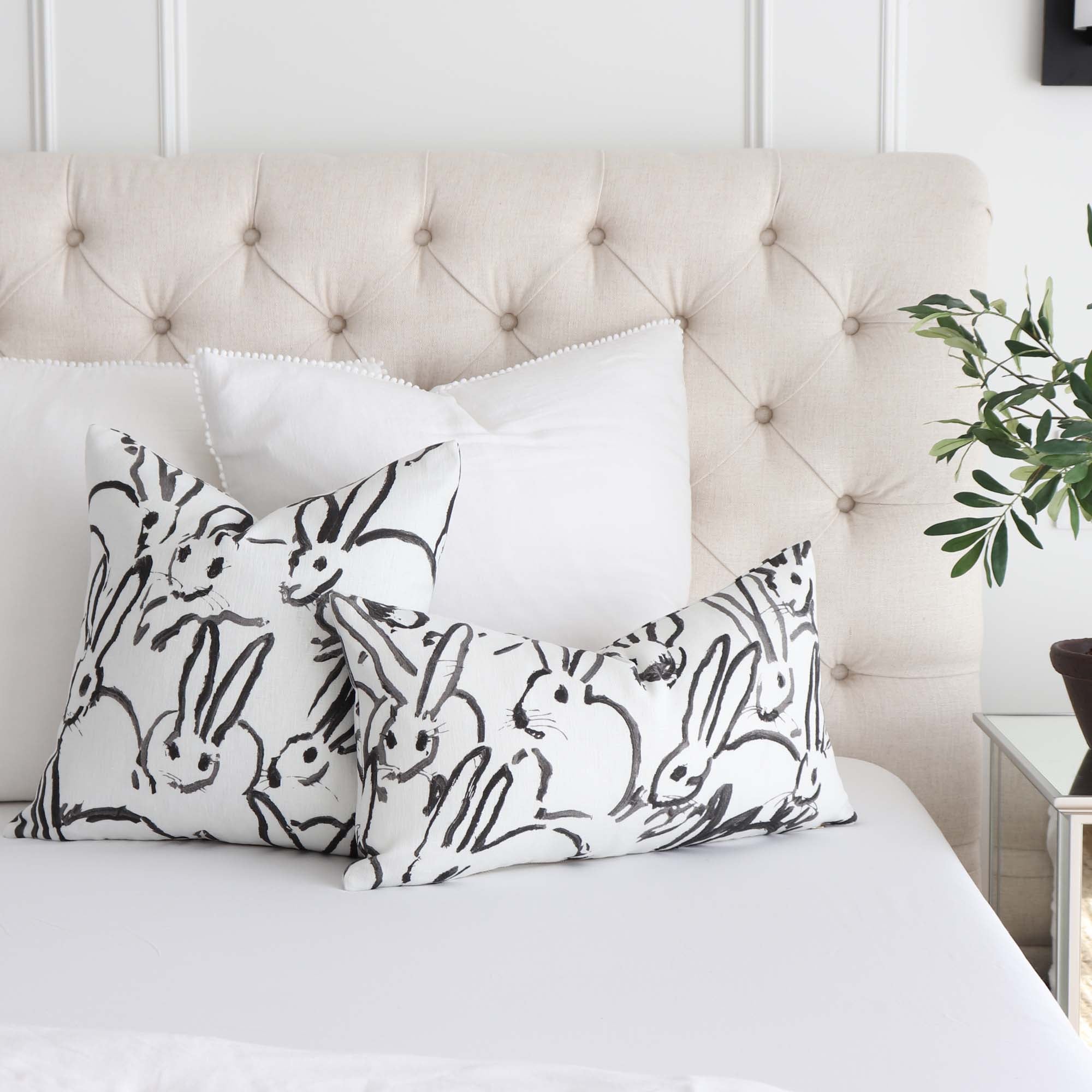 Lee Jofa Hutch Black and White Bunny Designer Luxury Throw Pillow Cover with Large White Euro Throw Pillows