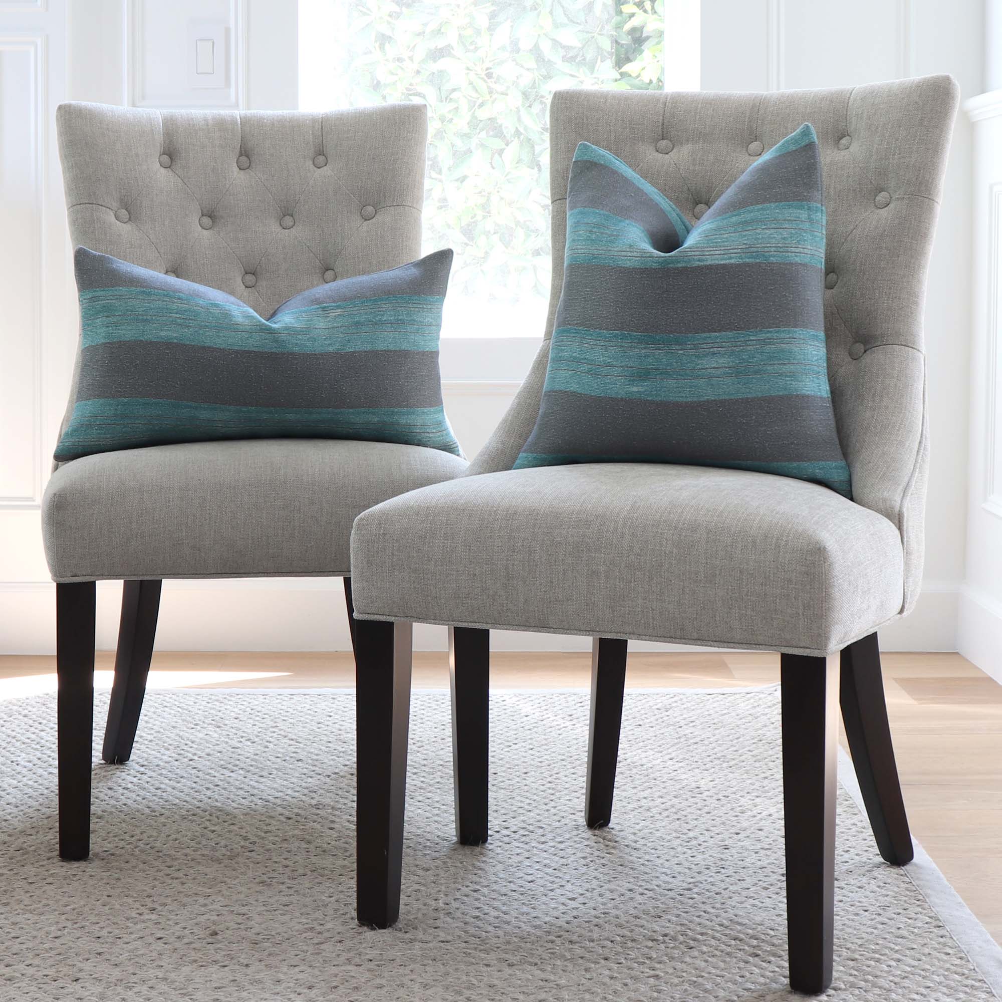Kelly Wearstler Askew Slate Jade Stripes Linen Designer Luxury Throw Pillow Cover on Chairs in Home Decor