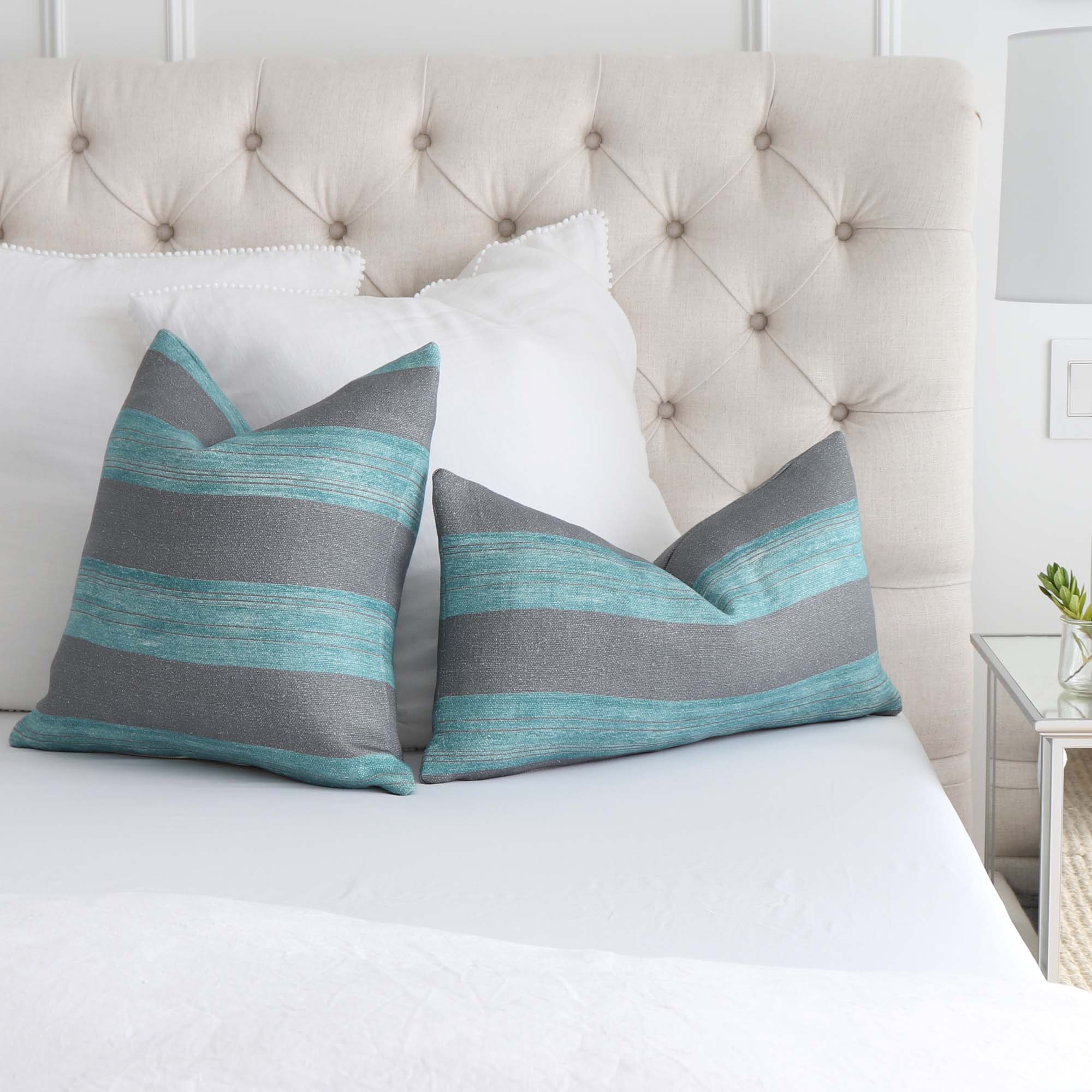 Kelly Wearstler Askew Slate Jade Stripes Linen Designer Luxury Throw Pillow Cover on King Bed