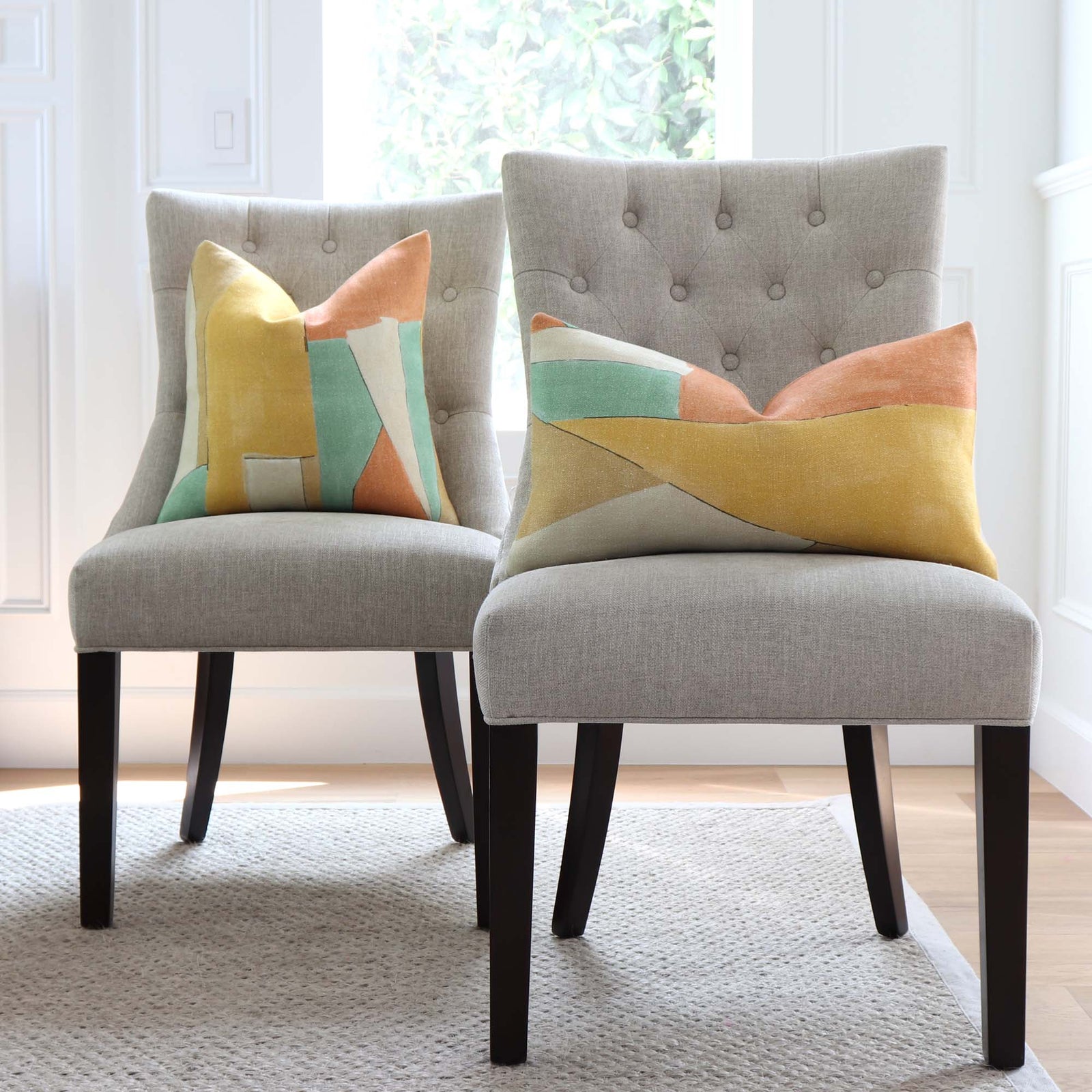 Kelly Wearstler District Tawny Designer Luxury Throw Pillow Cover on Dining Chair in Home Decor