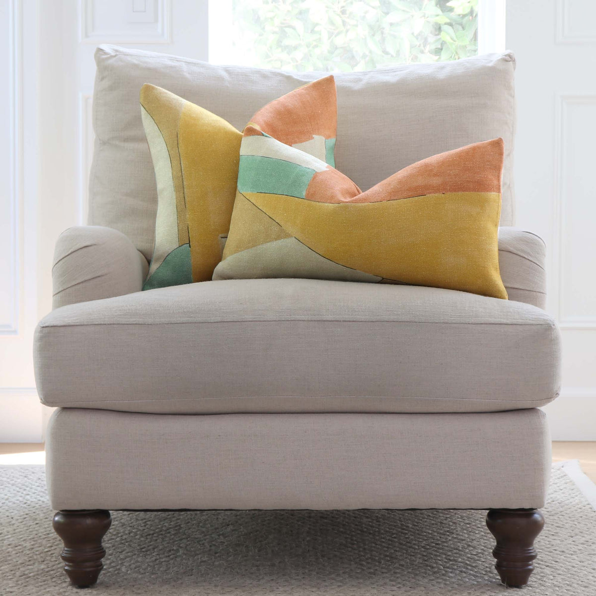 Kelly Wearstler District Tawny Designer Luxury Throw Pillow Cover on Accent Chair in Living Room