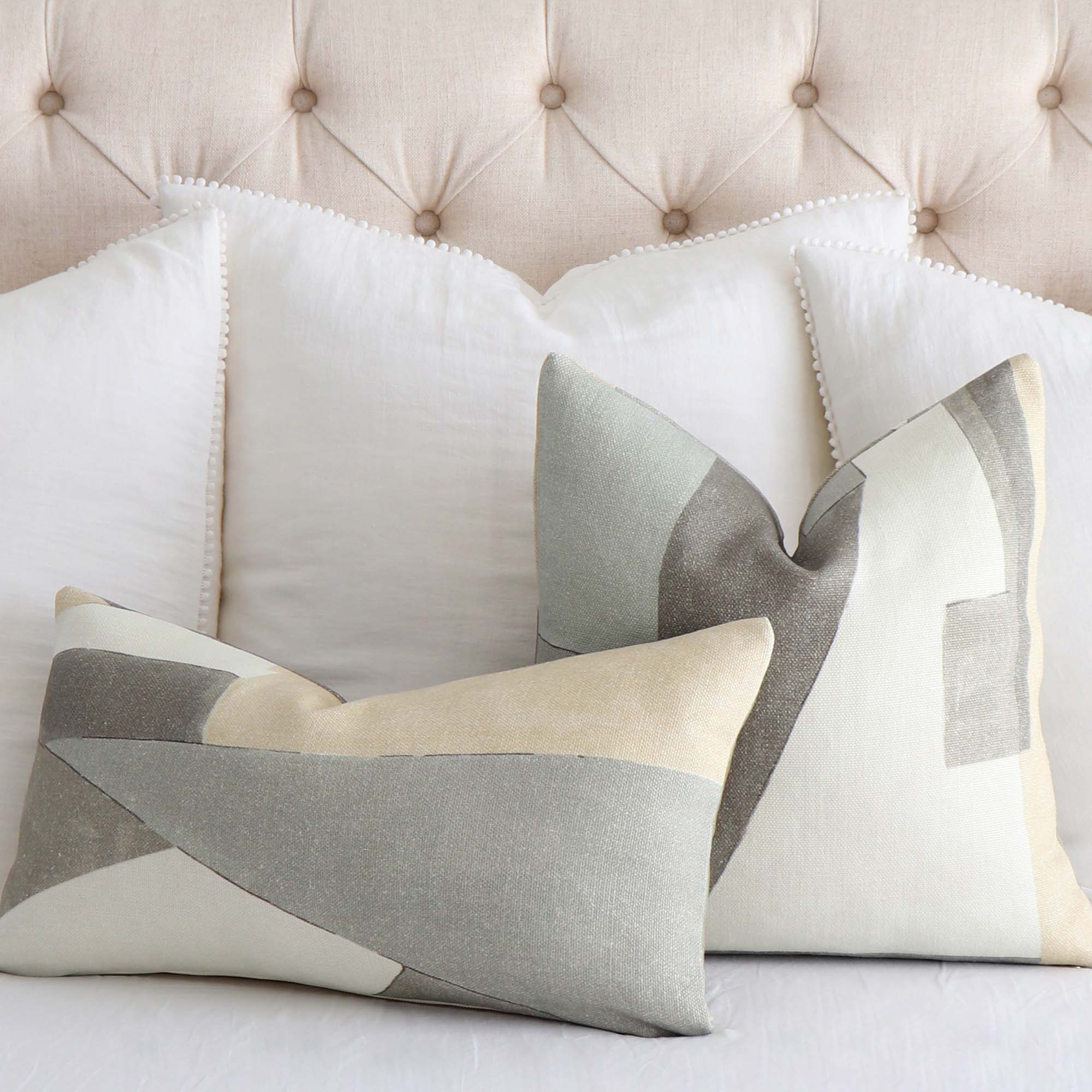 Kelly Wearstler District Alabaster Designer Luxury Decorative Throw Pillow Cover with White Large Euro Linen Shams