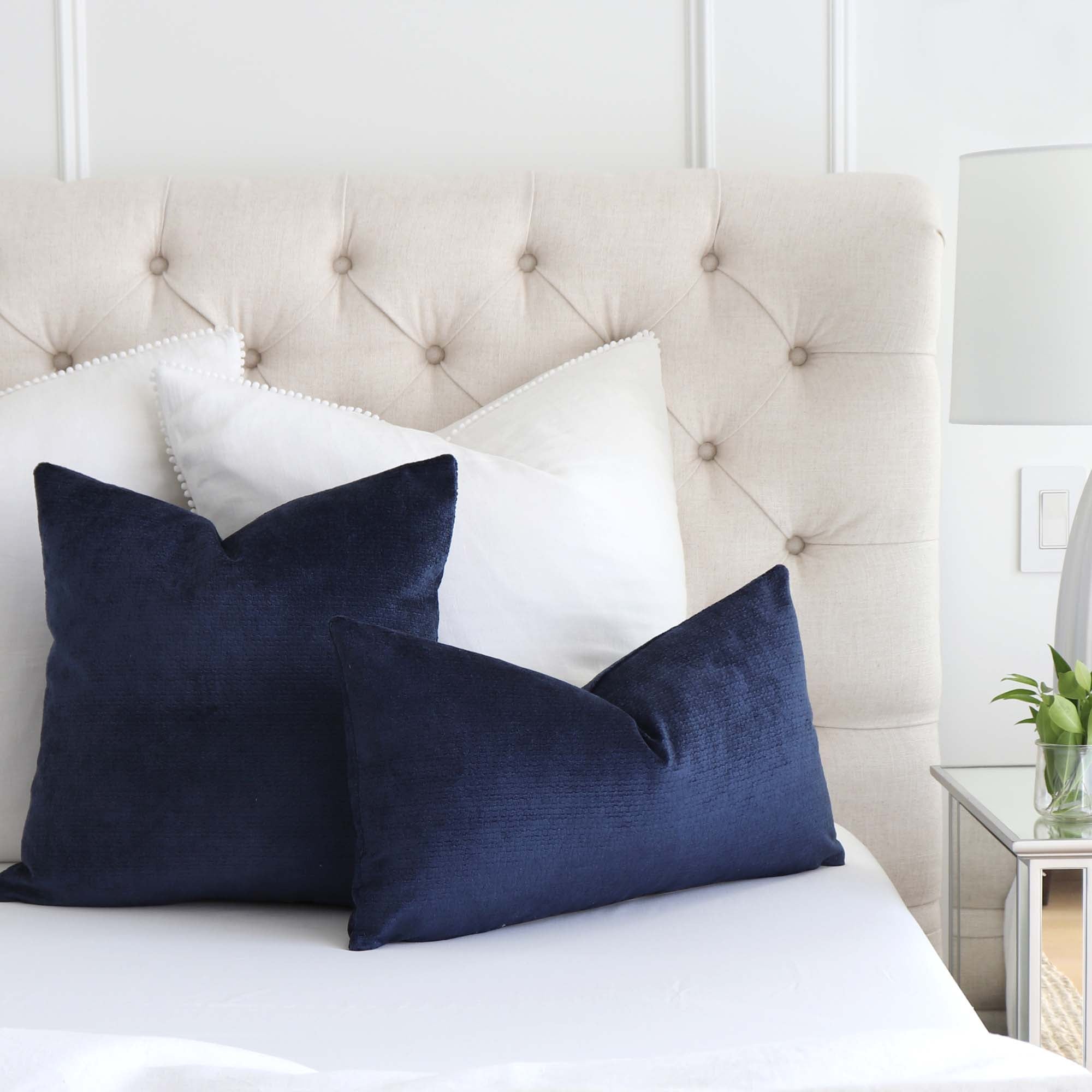 Kelly Wearstler Rebus Aegean Indigo Blue Textured Velvet Pillow Cover on Tufted Bed