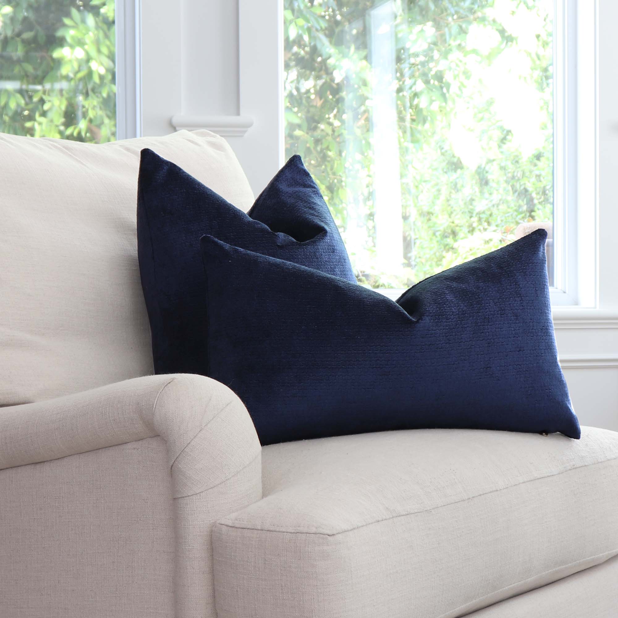 Kelly Wearstler Rebus Aegean Indigo Blue Textured Velvet Pillow Cover on Accent Chair in Home