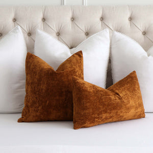 Kelly Wearstler Lee Jofa Rebus Blaze Brick Red Designer Velvet Throw Pillow Cover with White Euro Throw Pillows on King Bed