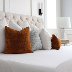 Kelly Wearstler Lee Jofa Rebus Blaze Brick Red Designer Velvet Throw Pillow Cover with Coordinating Throw Pillows in Bedroom