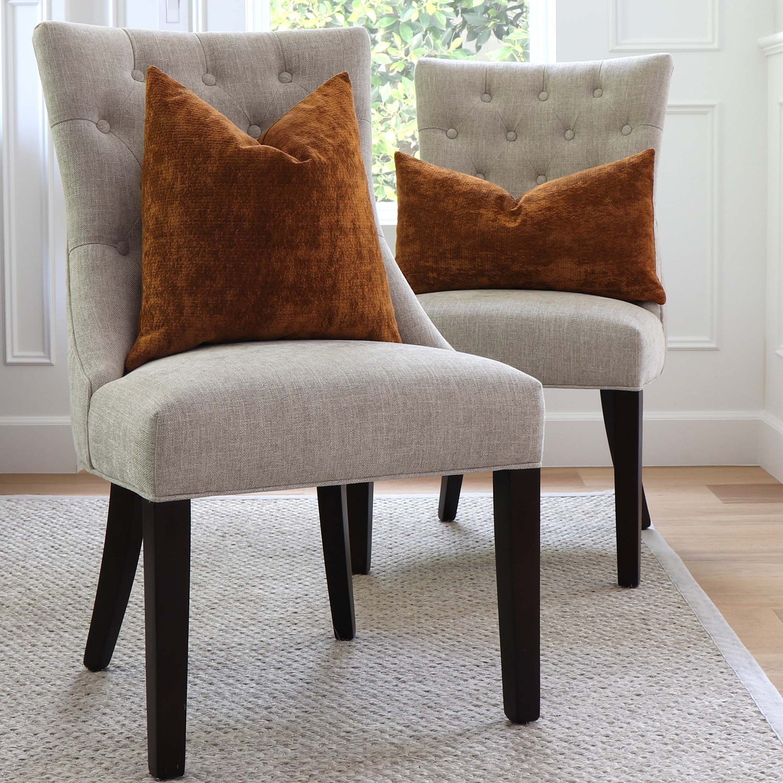 Kelly Wearstler Lee Jofa Rebus Blaze Brick Red Designer Velvet Throw Pillow Cover on Dining Chairs