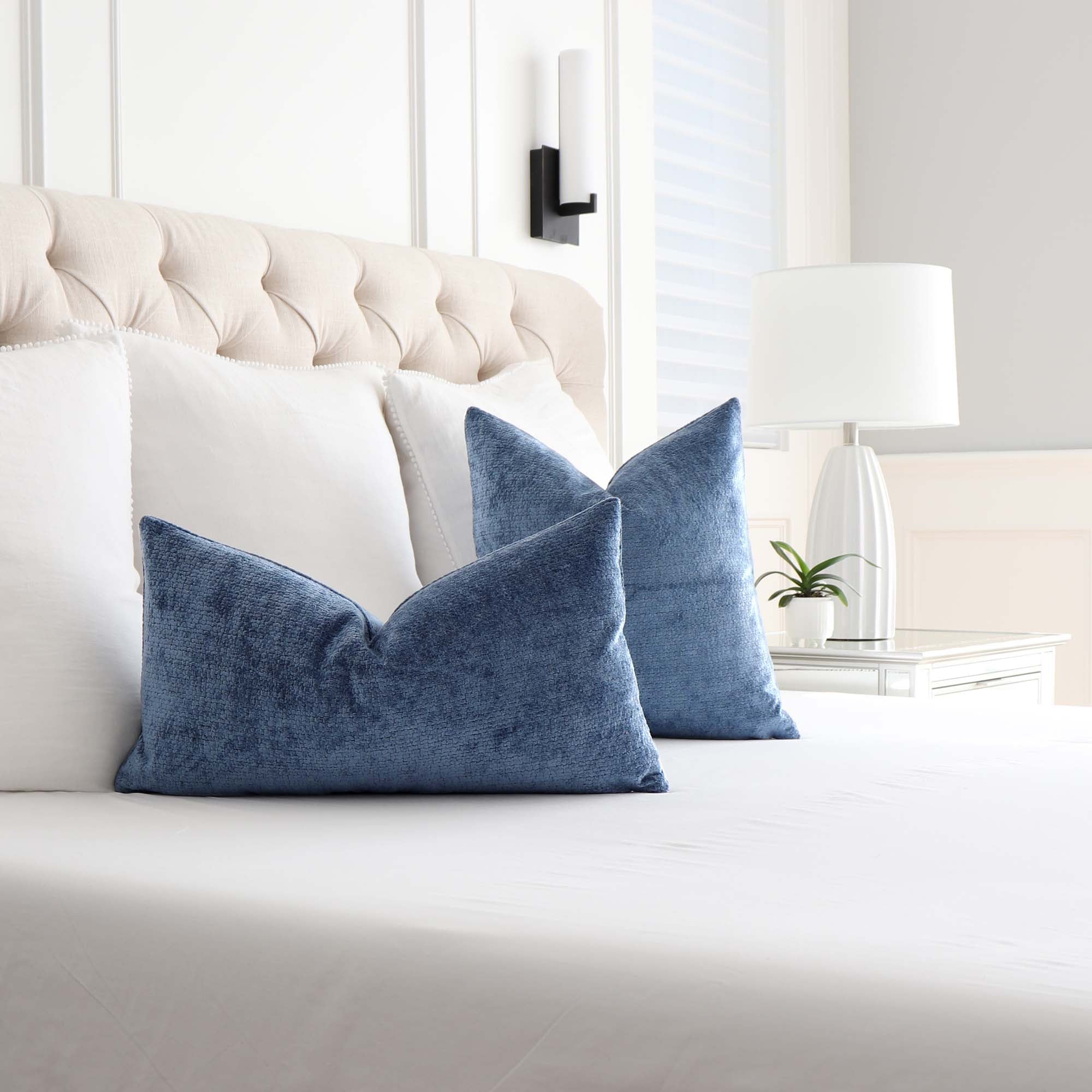 Kelly Wearstler Rebus Blue Textured Velvet Designer Luxury Throw Pillow Cover in Bedroom
