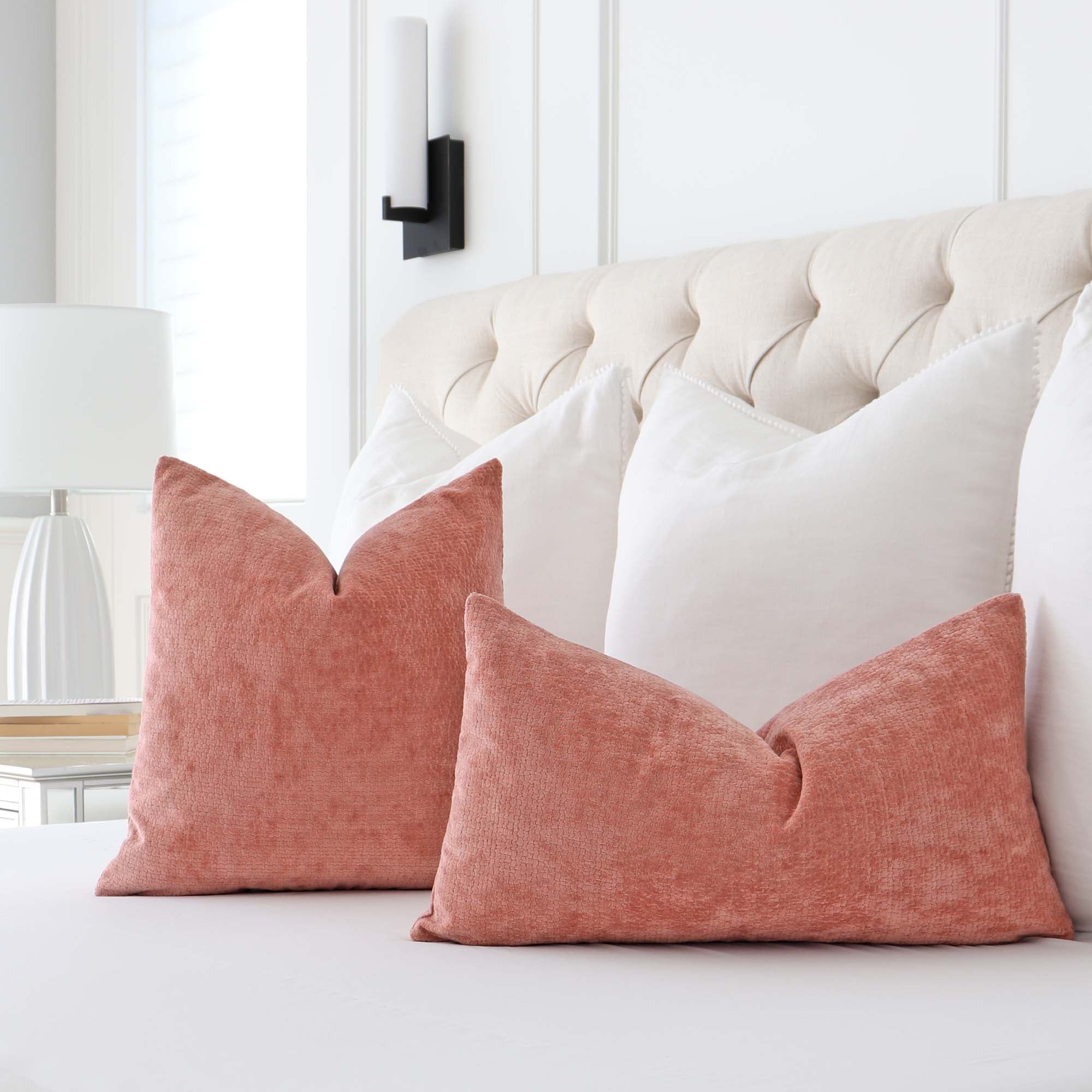 Kelly Wearstler Lee Jofa Rebus Sorbet Salmon Pink Velvet Throw Pillow Cover in Bedroom on Bed