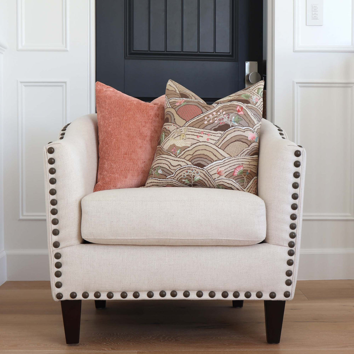 Kelly Wearstler Lee Jofa Rebus Sorbet Salmon Pink Velvet Throw Pillow Cover on White Club Chair with Nail Heads in Home Decor