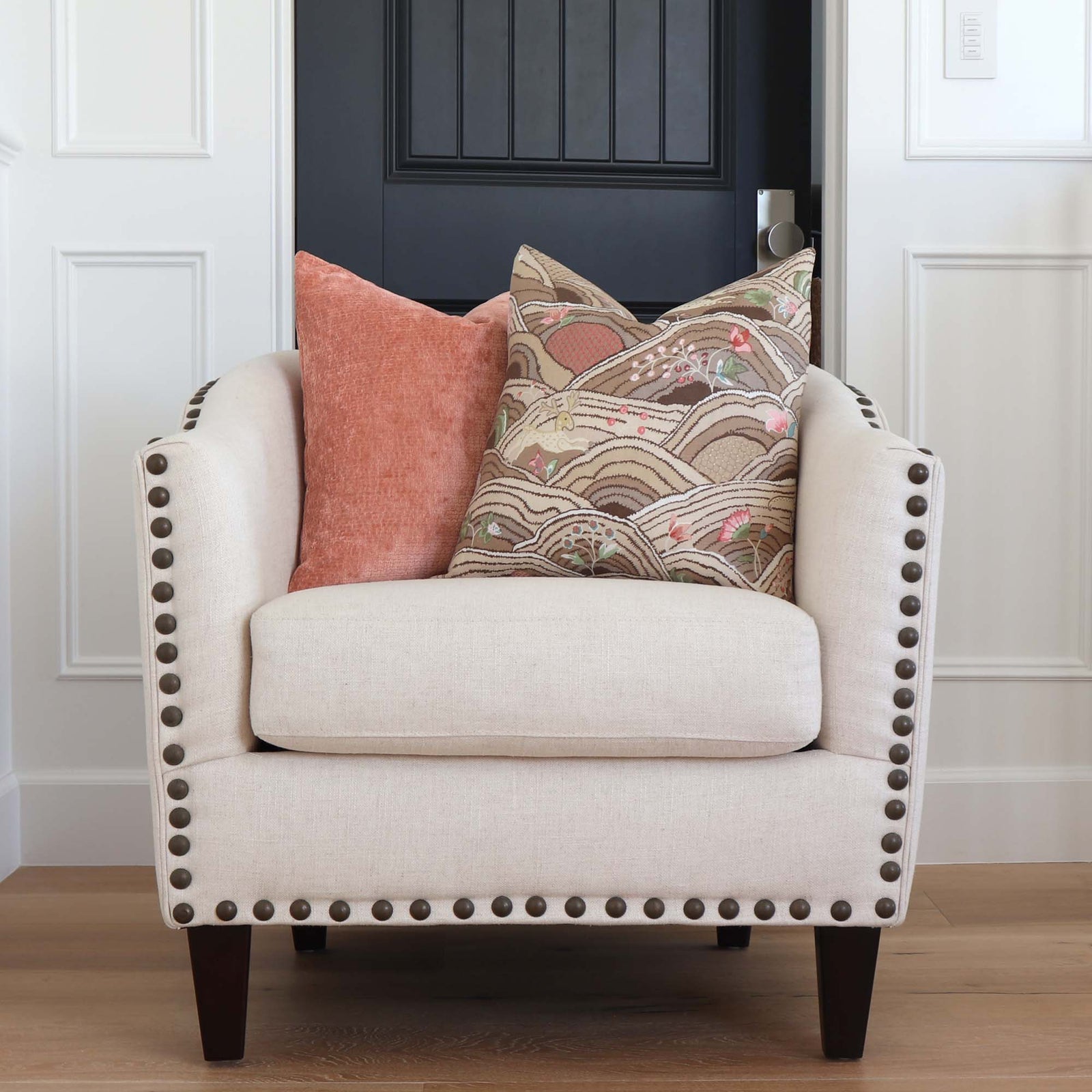 Kelly Wearstler Lee Jofa Rebus Sorbet Salmon Pink Velvet Throw Pillow Cover on White Club Chair with Nail Heads in Home Decor